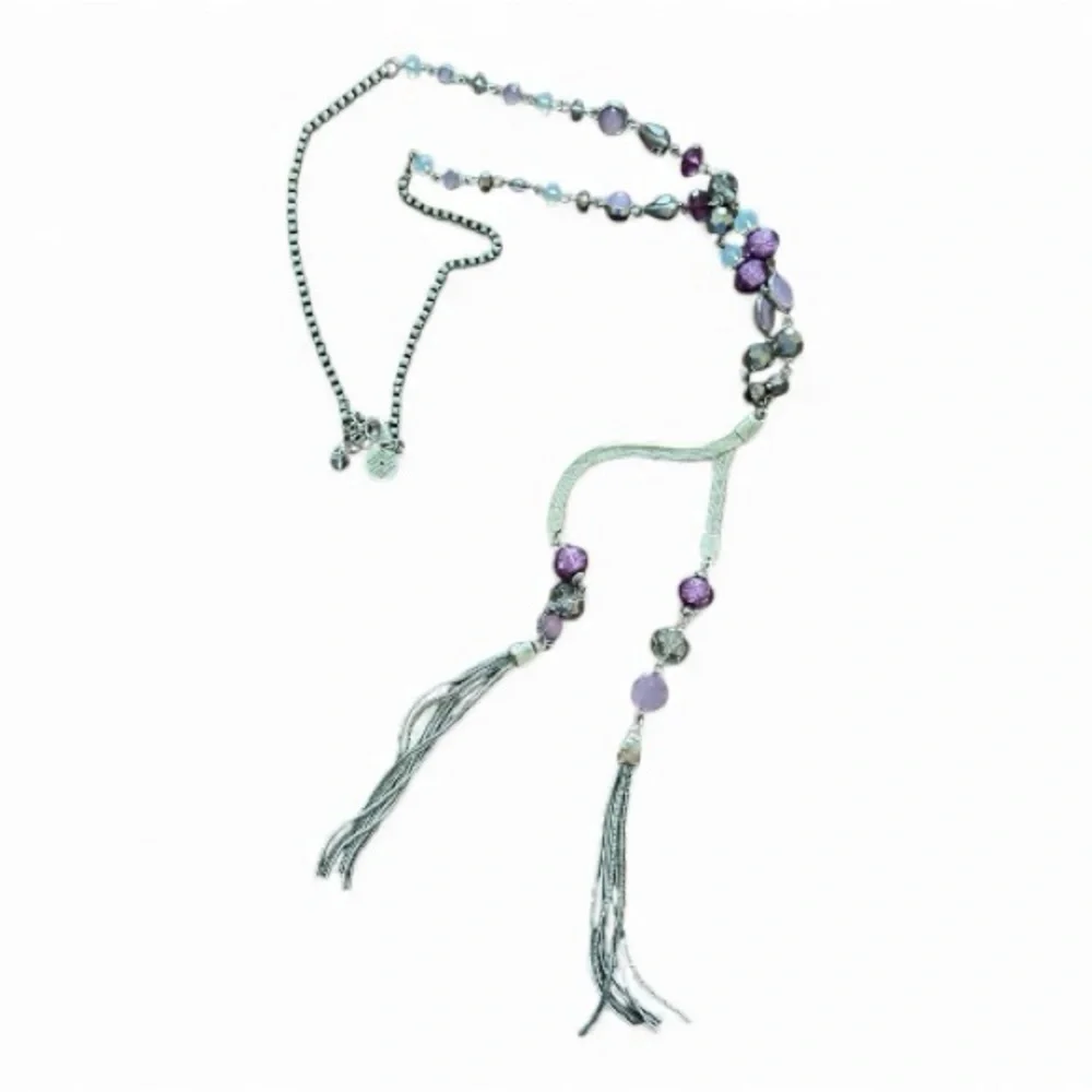 White House Black Market Purple and Silver Beaded Tassel Necklace Bohemian